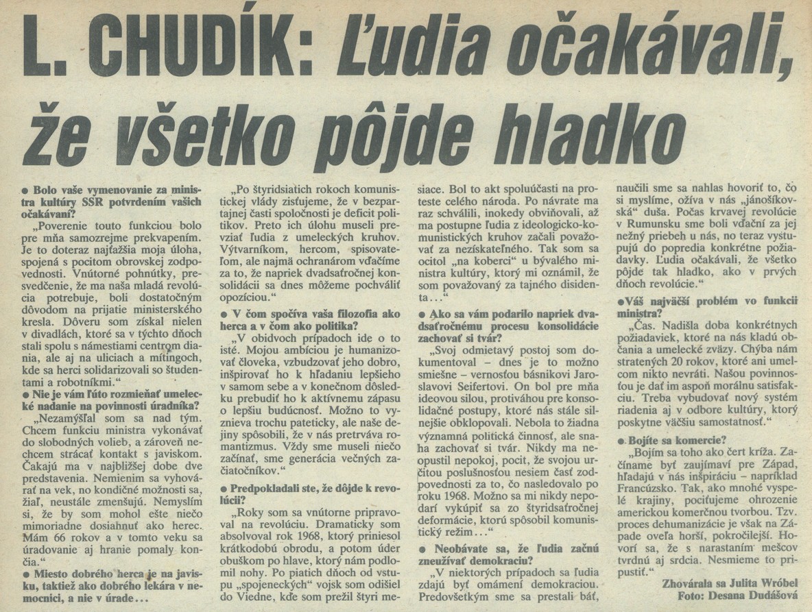 Rozhovor s Ladislavom Chudíkom v časopise Zmena. 1990. Univerzitná knižnica v Bratislave